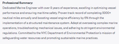 ChatGPT generated resume summary for a marine engineer