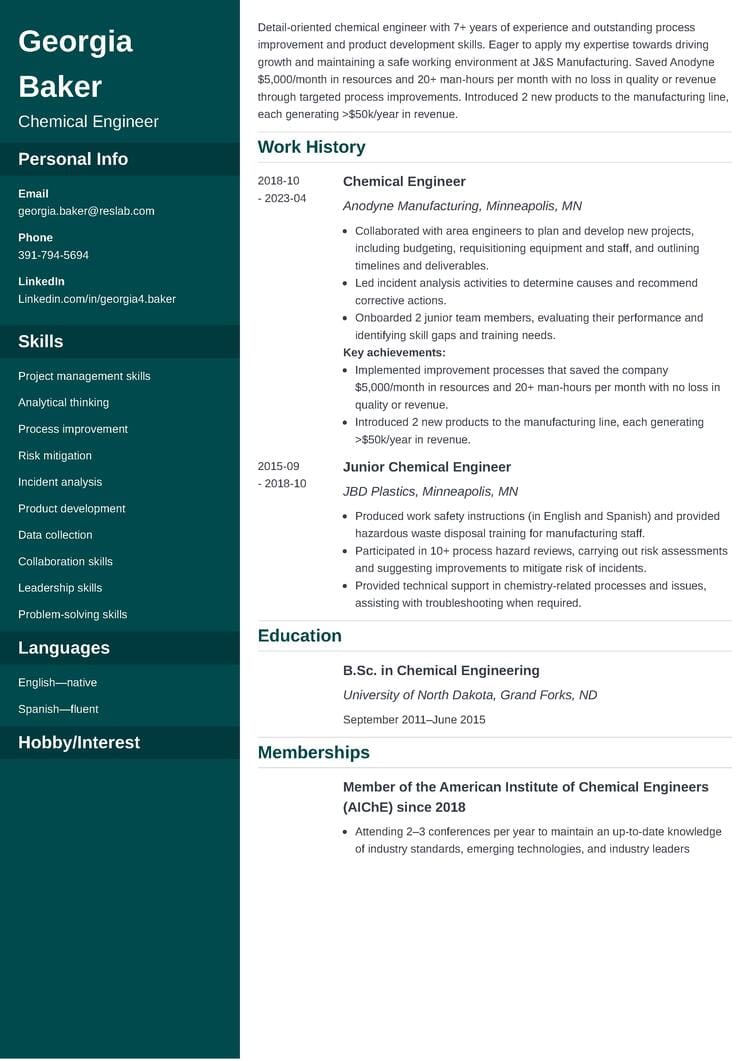 chemical engineering resume example