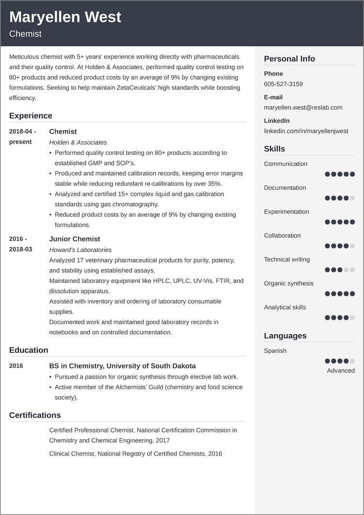 Chemistry Resume Examples Tips and Skills for Lab Chemists