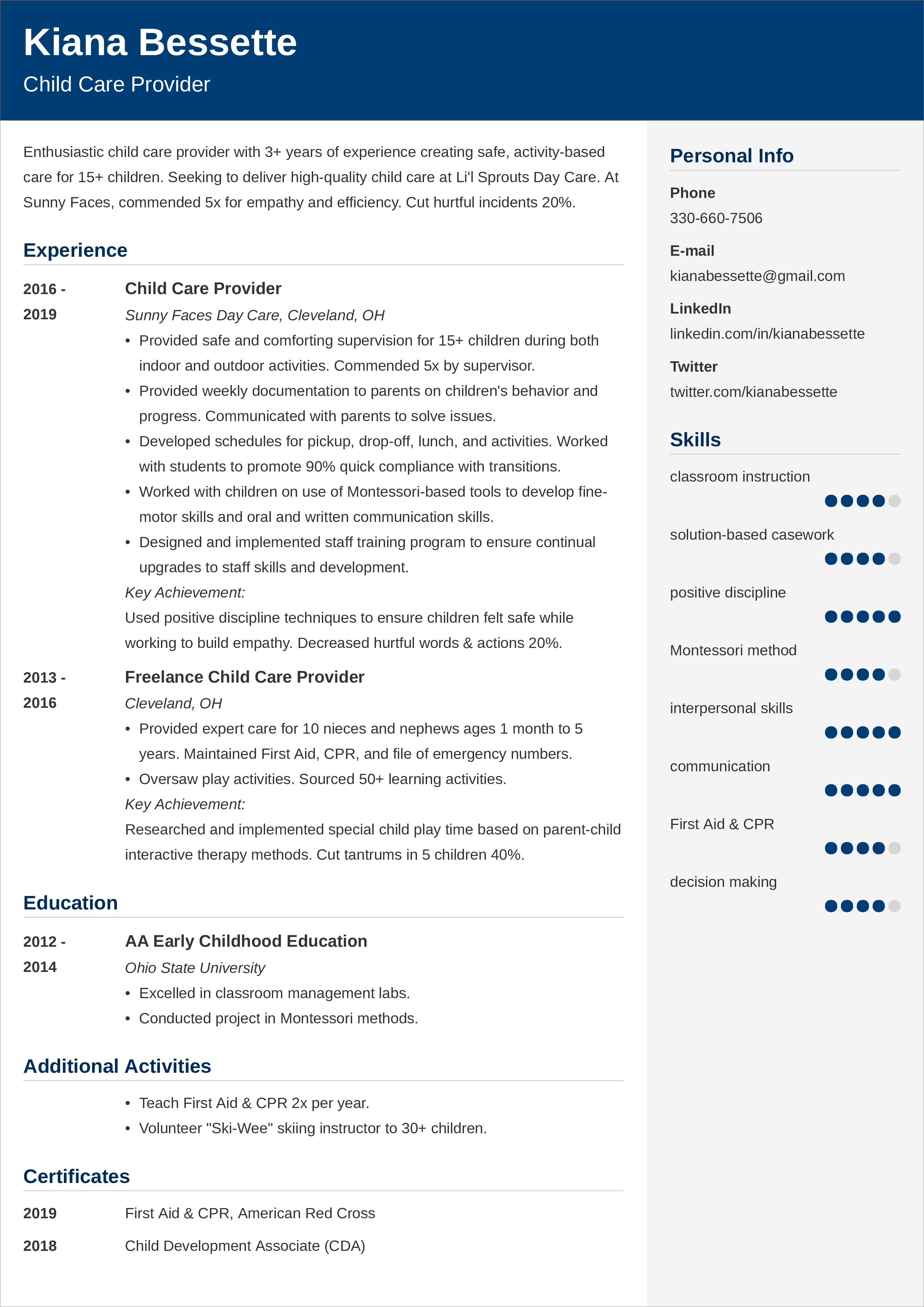personal summary for child care resume