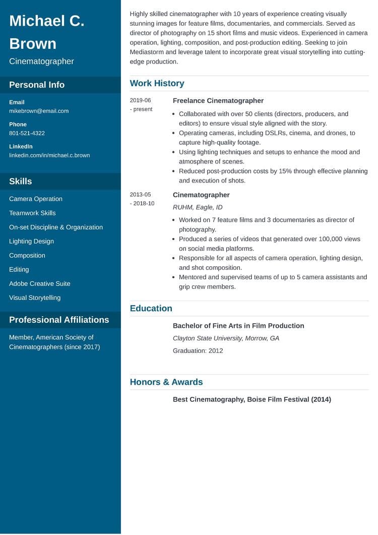 cinematographer resume example