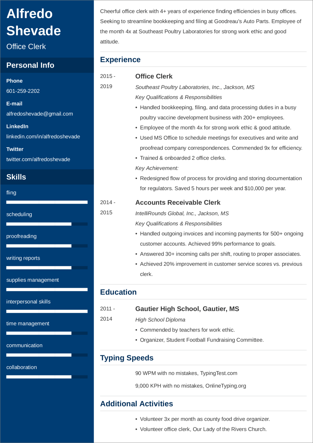 Office Clerk Resume Example Job Description Skills