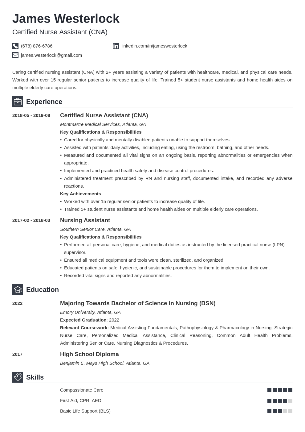 Certified Nursing Assistant (CNA) Resume Examples 2024