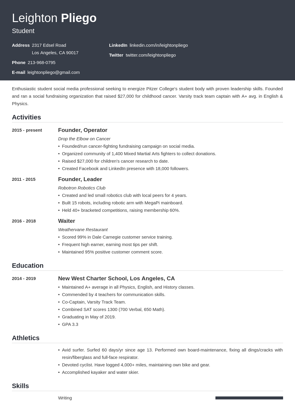 College Application Resume Template for High School Students