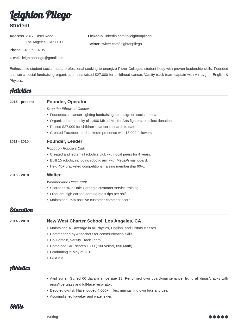 high school resume format for college application