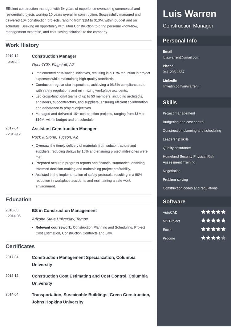 Construction manager resume sample