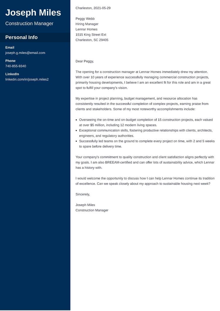 Construction manager cover letter example