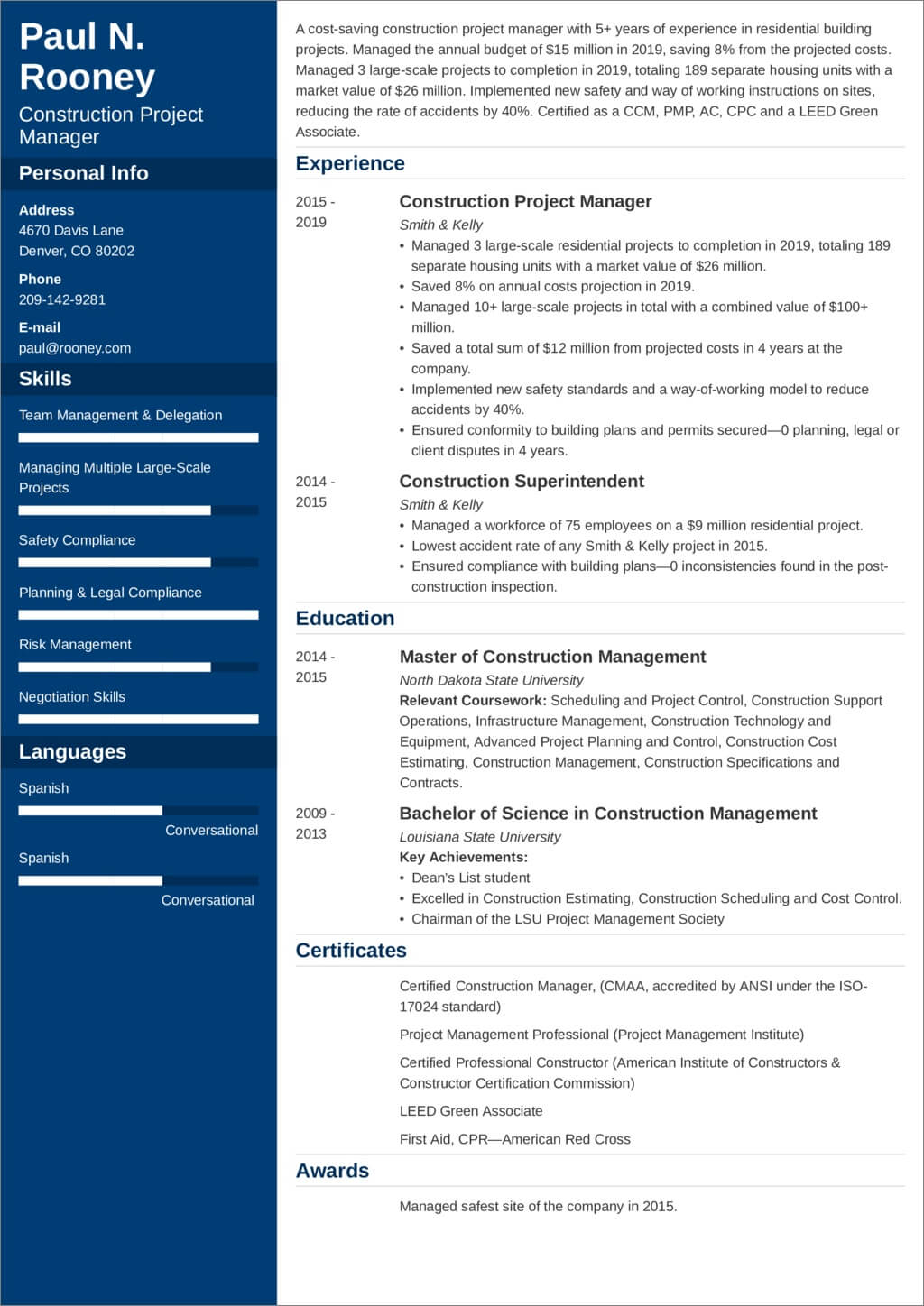 resume summary statement examples construction management