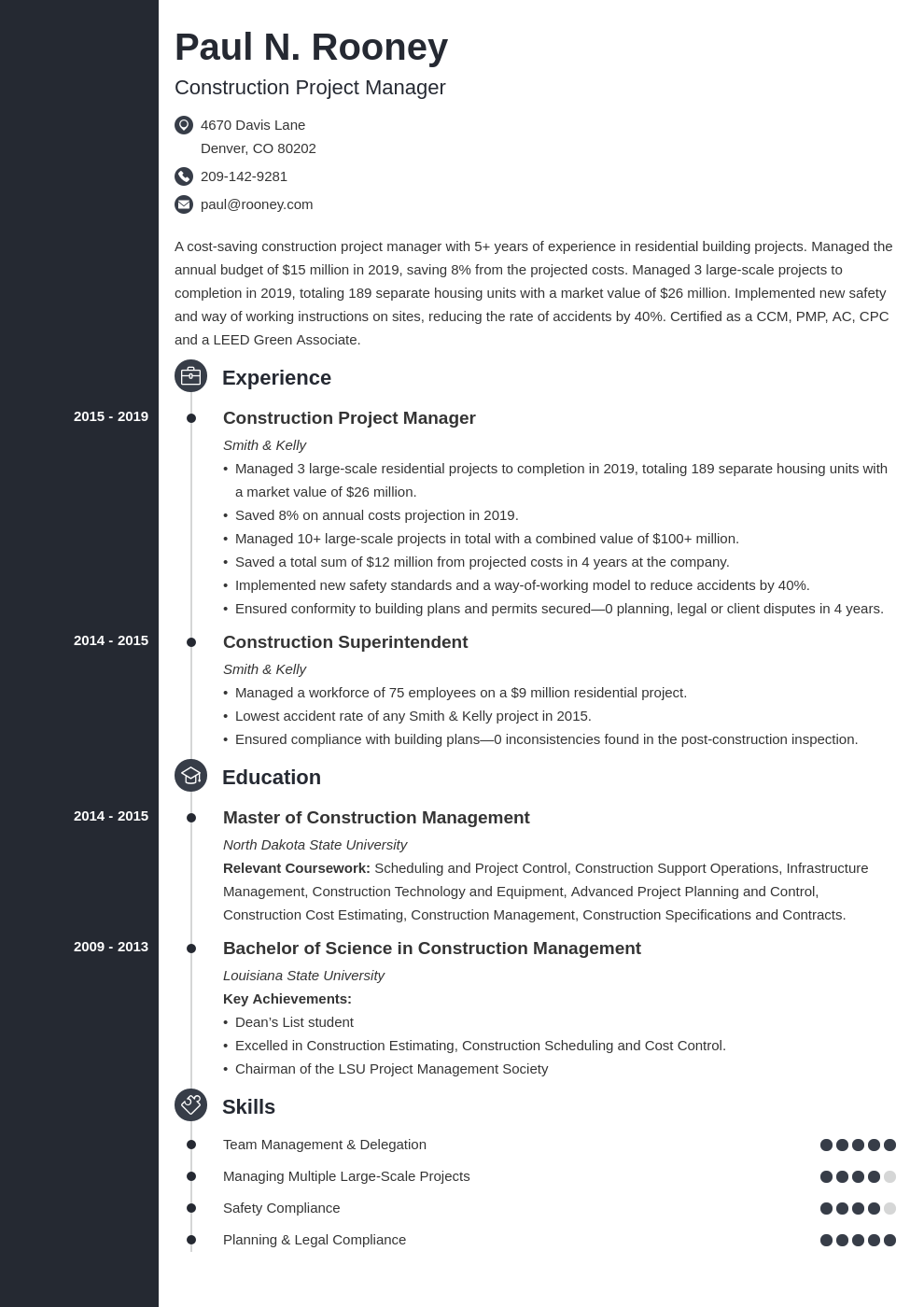 sample resume project manager construction