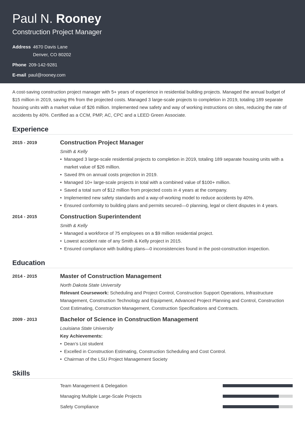 construction project manager template influx