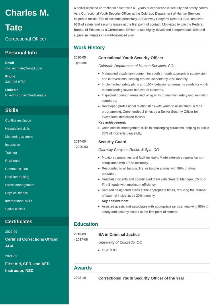 Correctional officer resume example