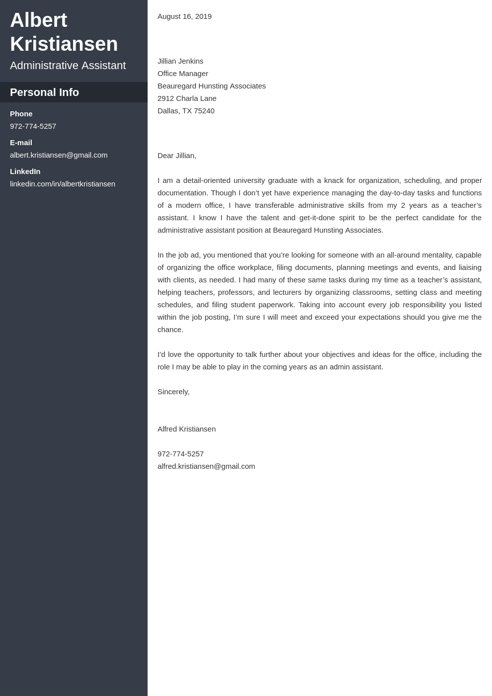 cover letter examples administrative assistant template cascade