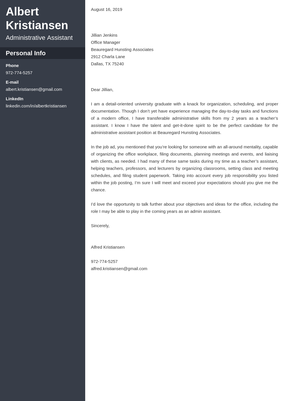 Administrative Assistant Cover Letter Examples Ready Templates