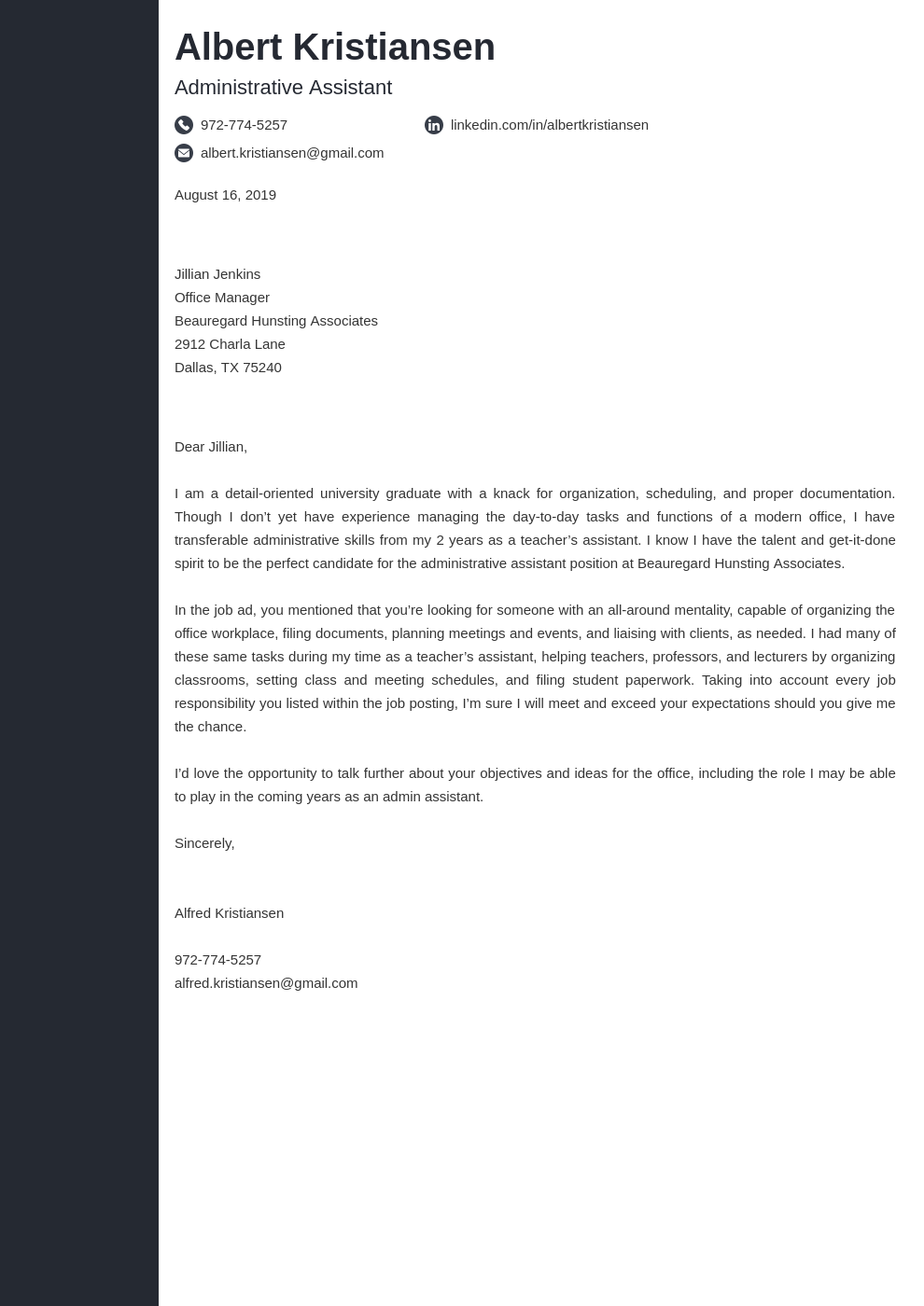 Administrative Assistant Cover Letter Examples Ready Templates