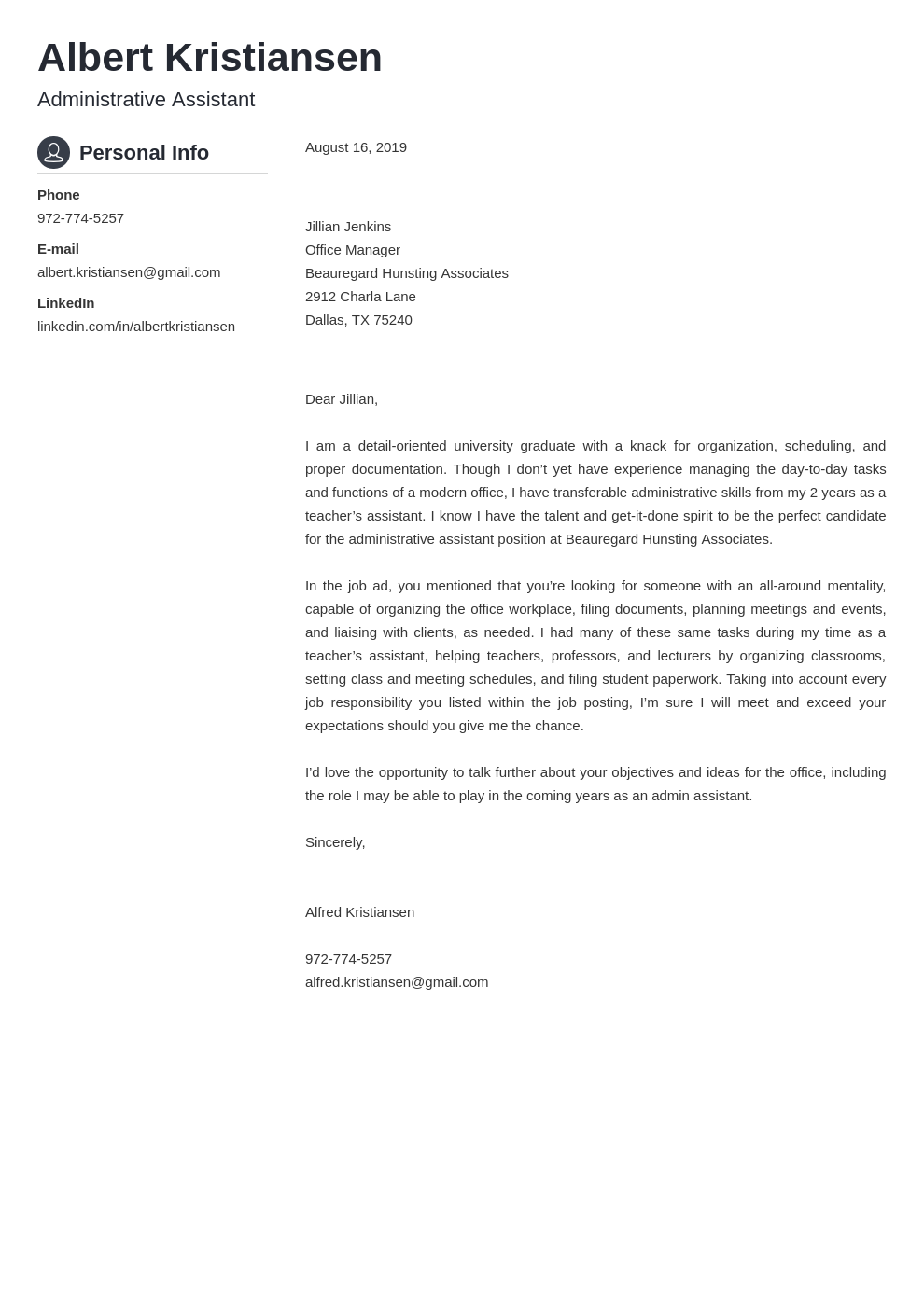 cover letter examples administrative assistant template crisp
