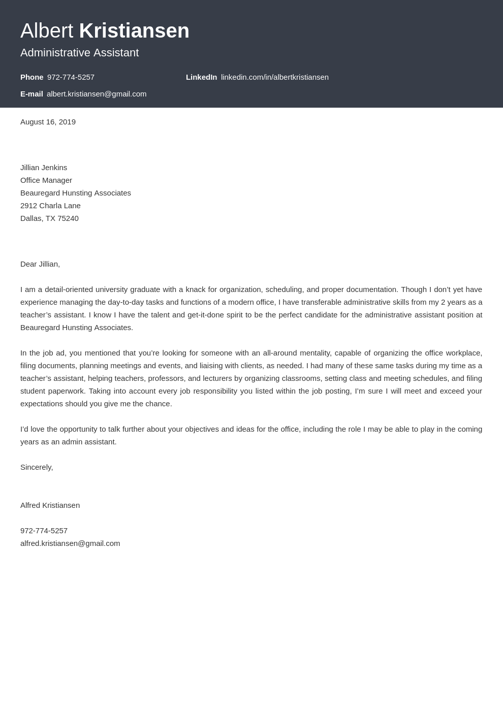 cover letter examples administrative assistant template diamond