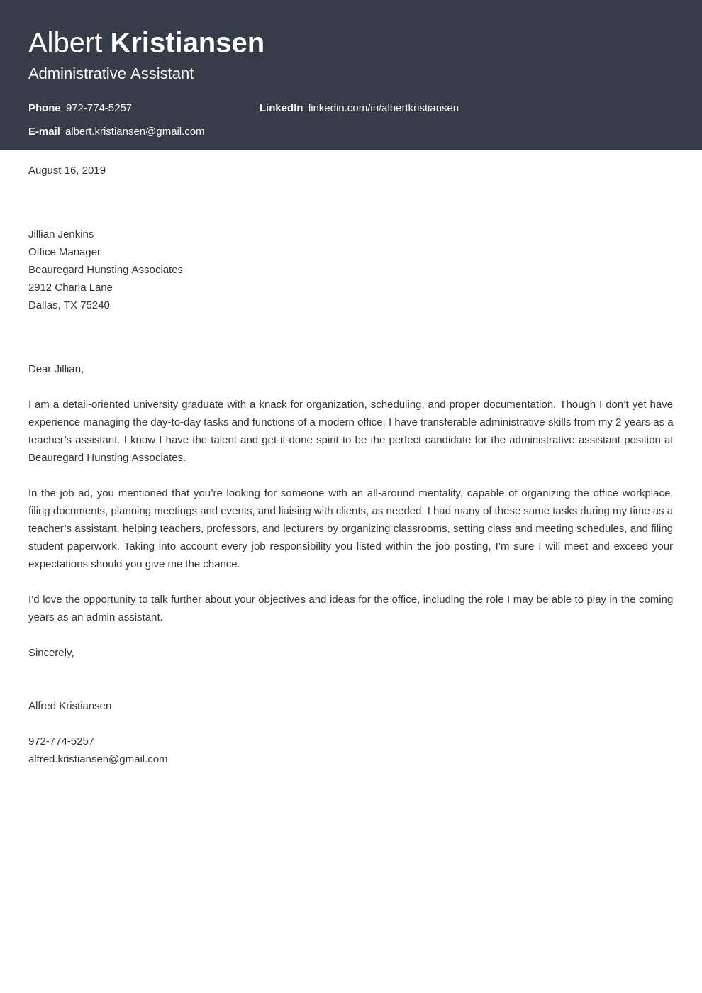 Administrative Assistant Cover Letter Examples for 2024