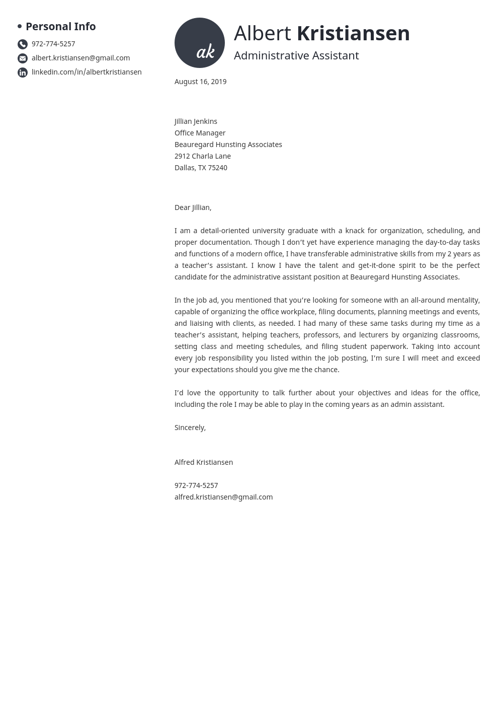 cover letter examples administrative assistant template initials