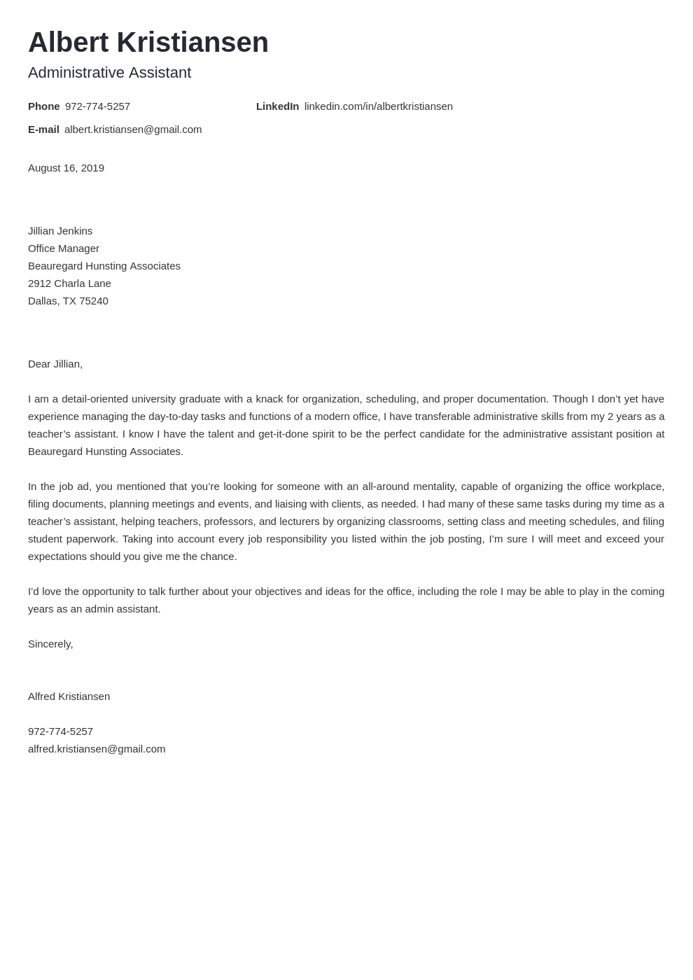 cover letter examples administrative assistant template minimo