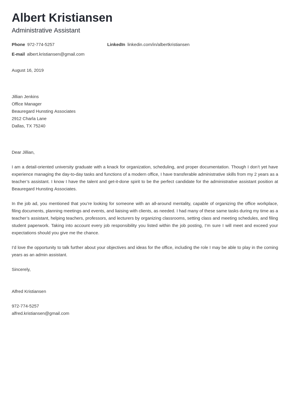 Administrative Assistant Cover Letter Examples for 2024