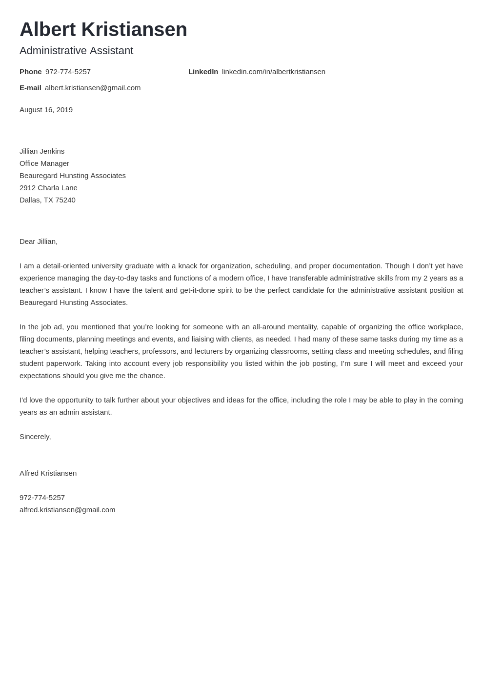 cover letter examples administrative assistant template nanica