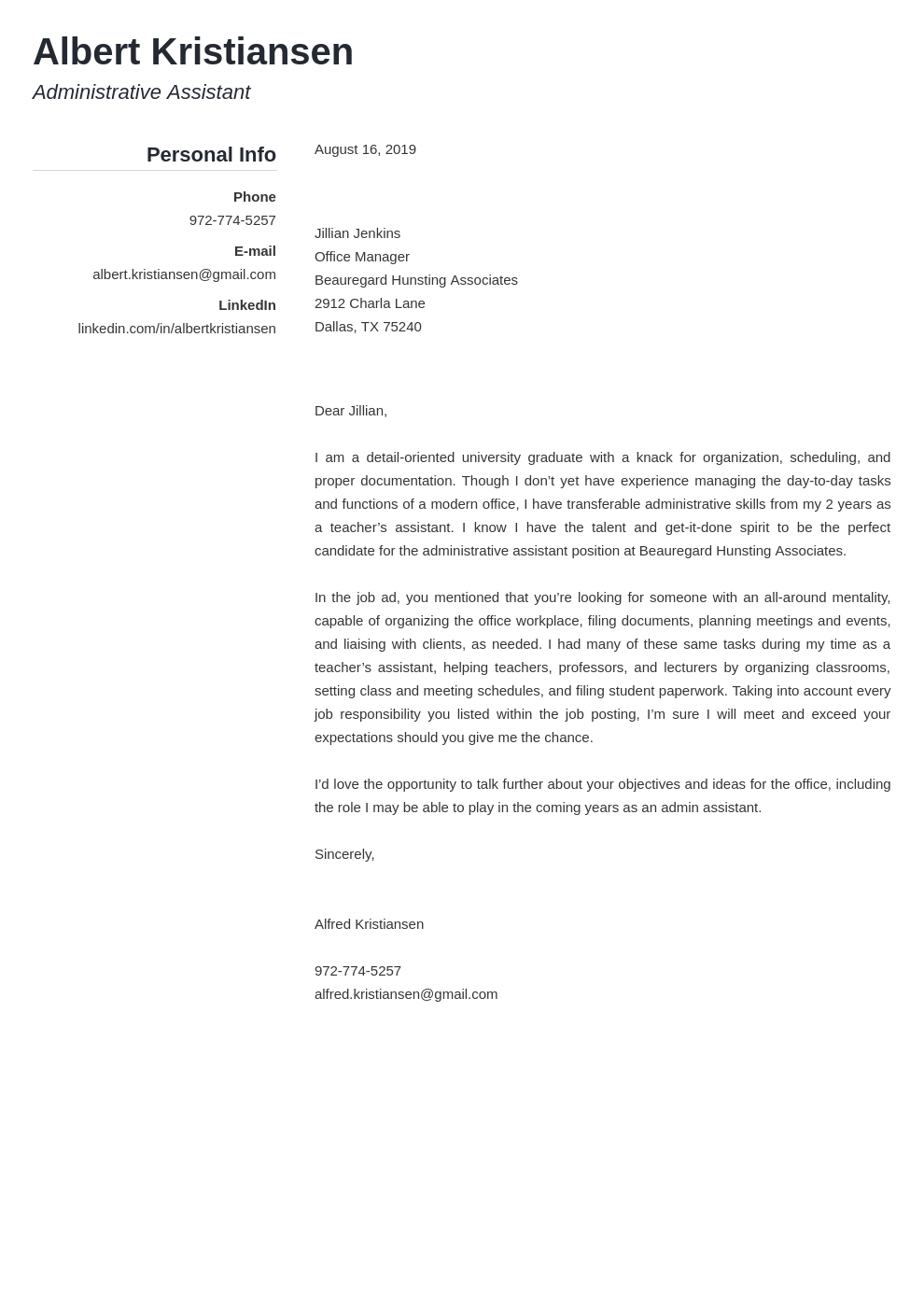cover letter examples administrative assistant template simple