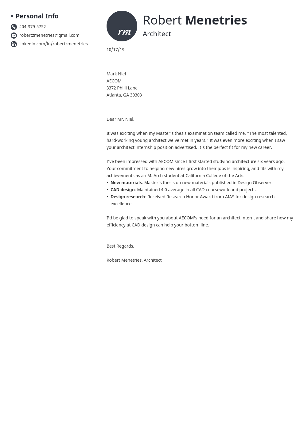 Architecture Cover Letter Examples For Architect Jobs And Internships