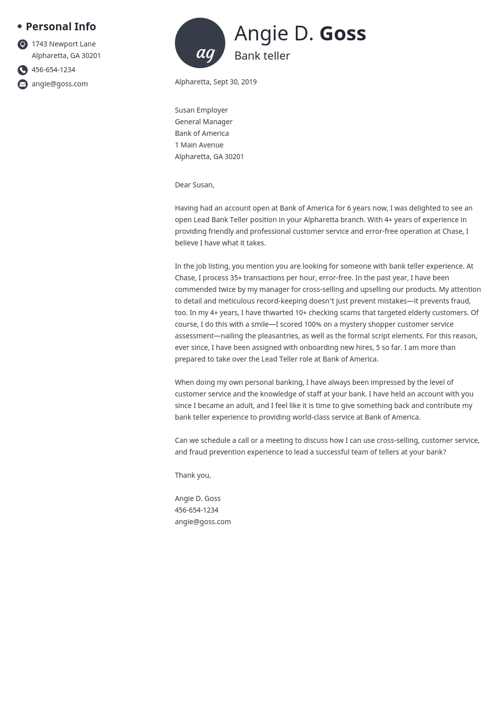 cover letter examples bank teller template initials
