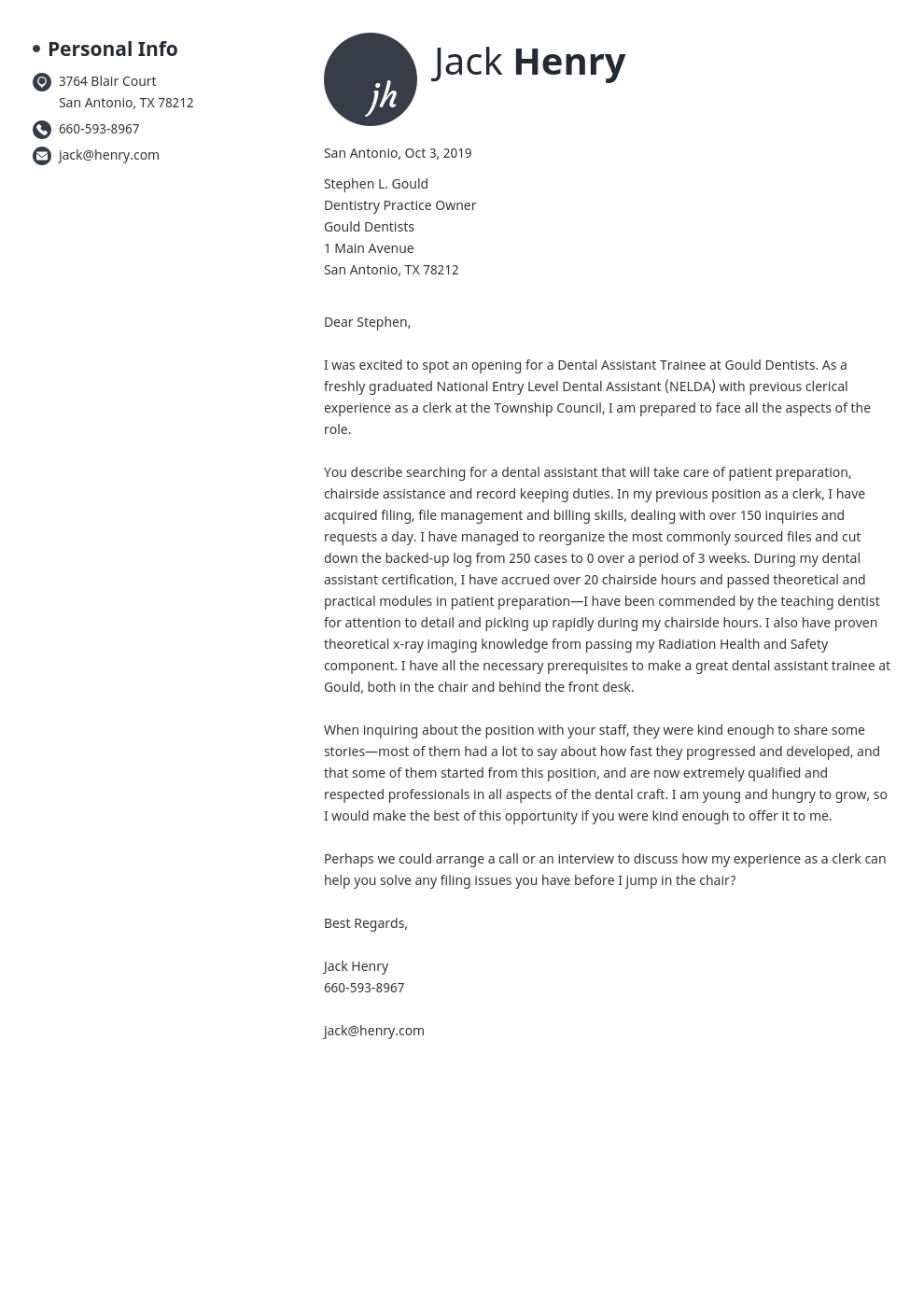 cover letter examples dental assistant template initials