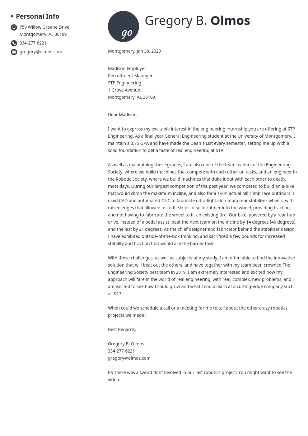 cover letter examples engineering internship template initials