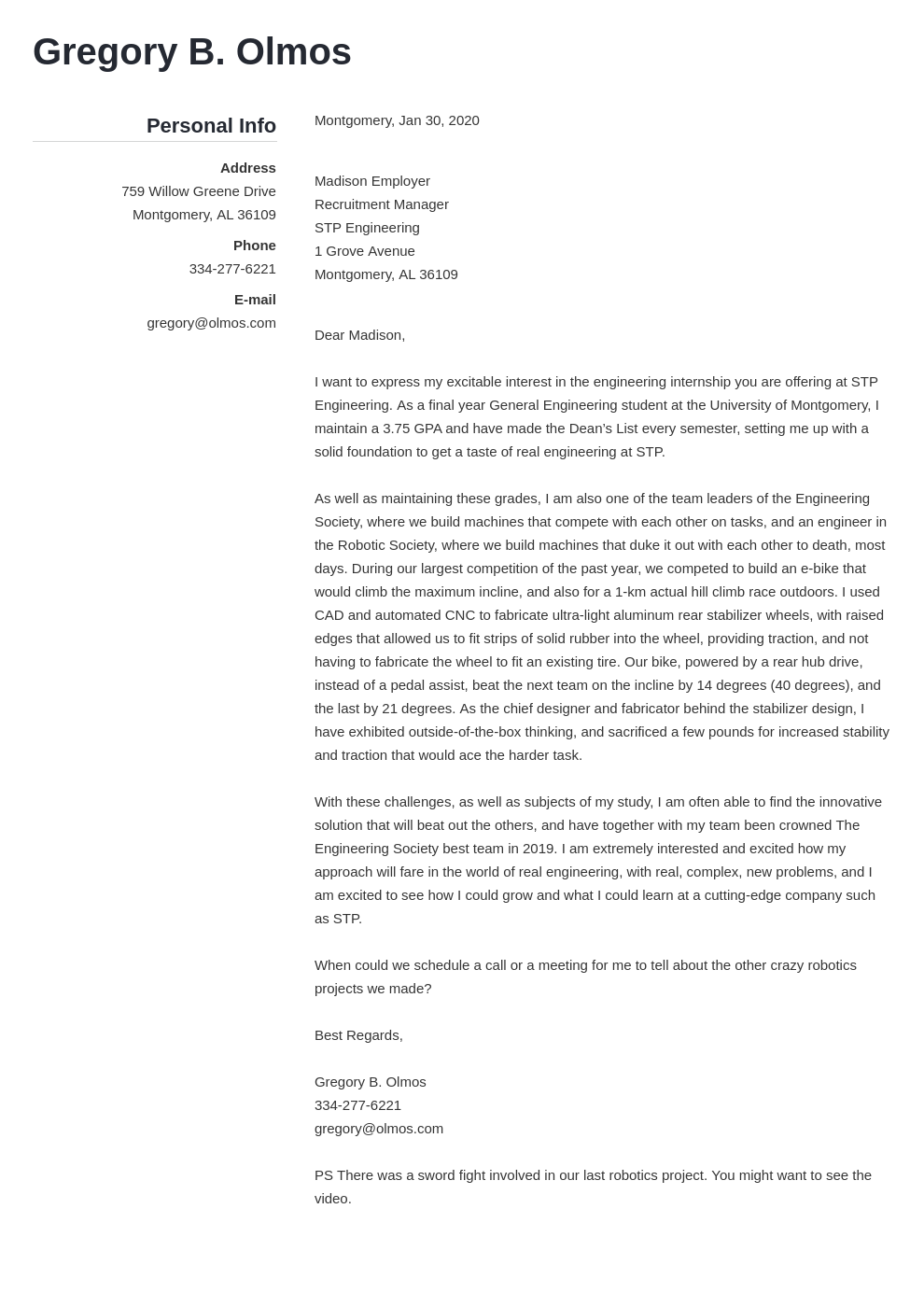 cover letter examples engineering internship template simple