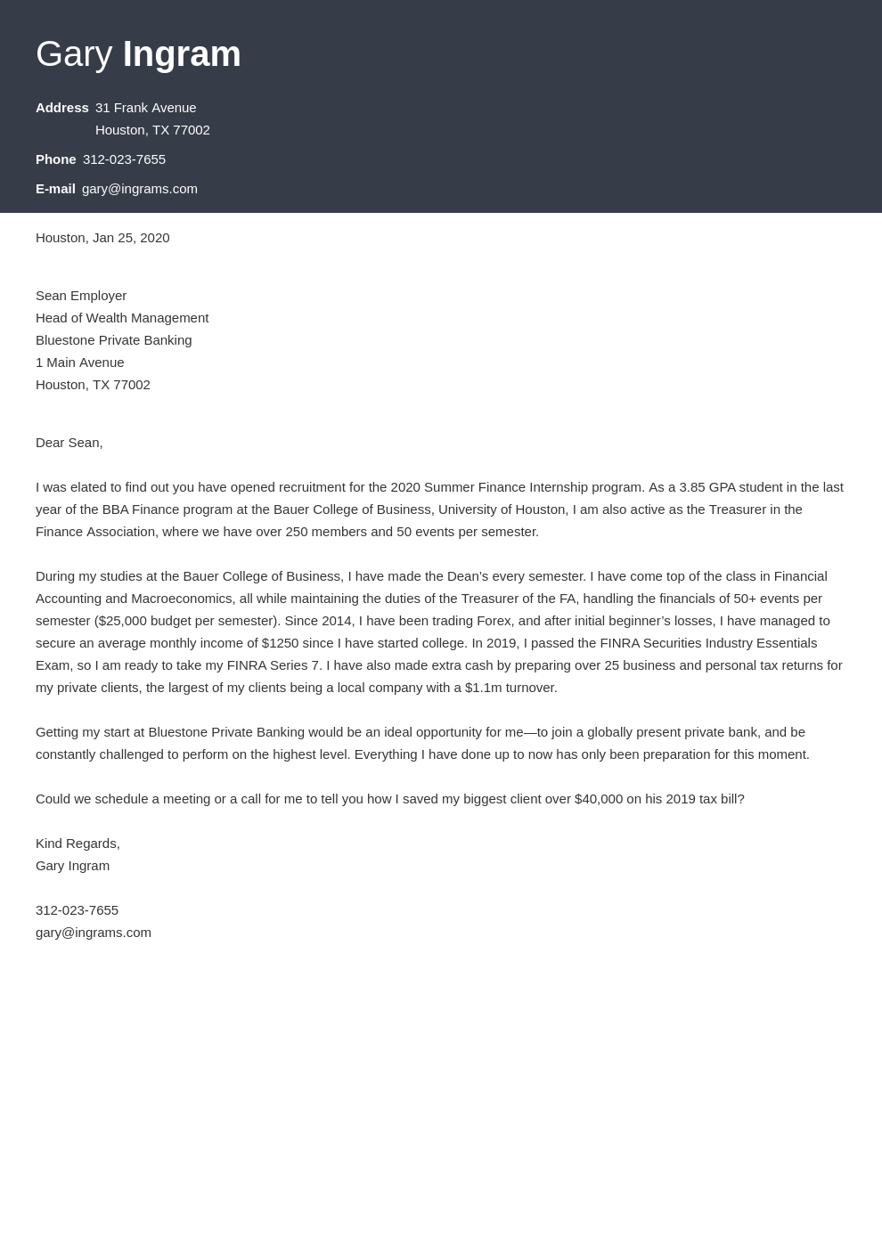 finance internship cover letter examples