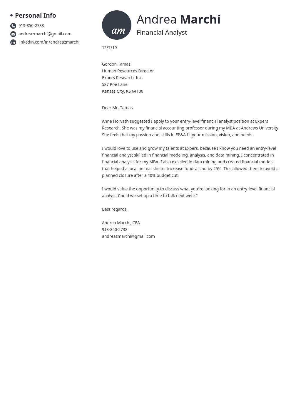 cover letter examples financial analyst template initials