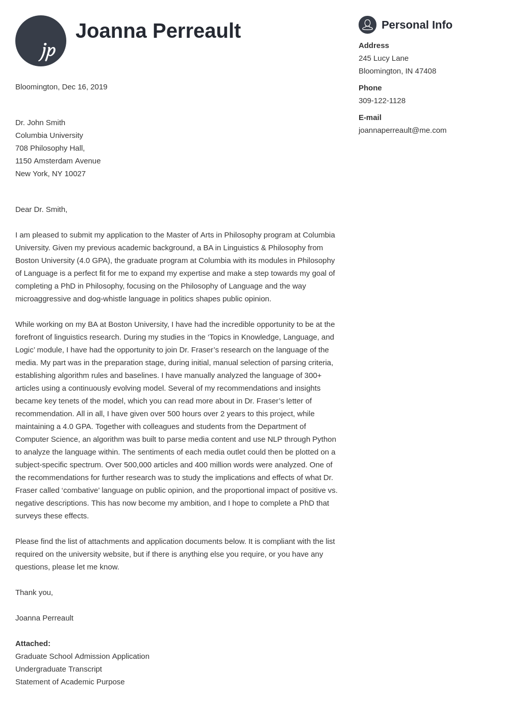 graduate school application cover letter example