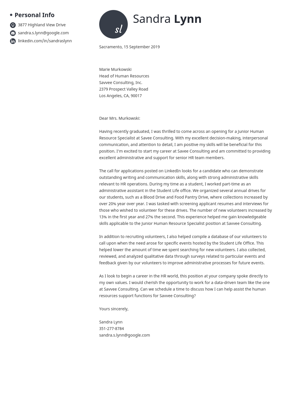 cover letter examples human resources template initials