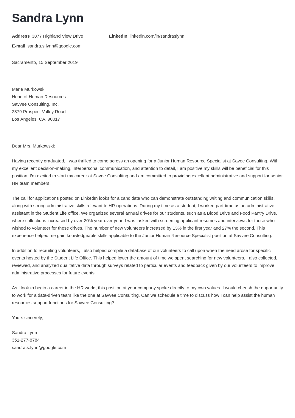 Human Resources Cover Letter Sample Templates