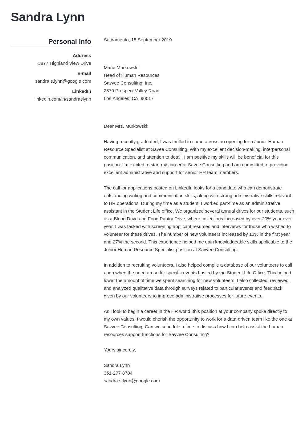 cover letter examples human resources template simple