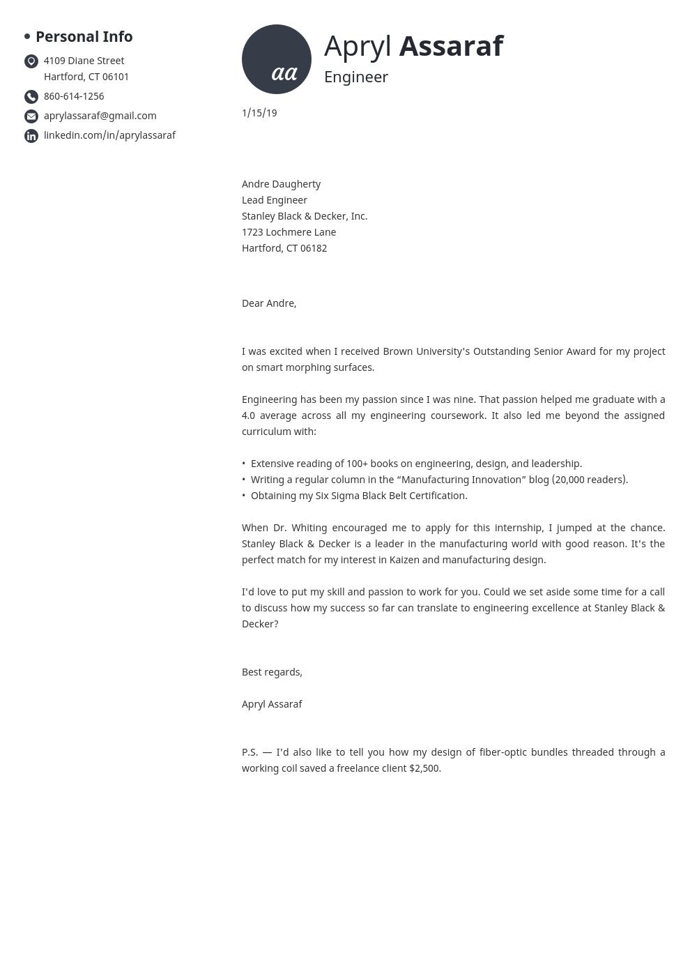 cover letter examples internship template initials
