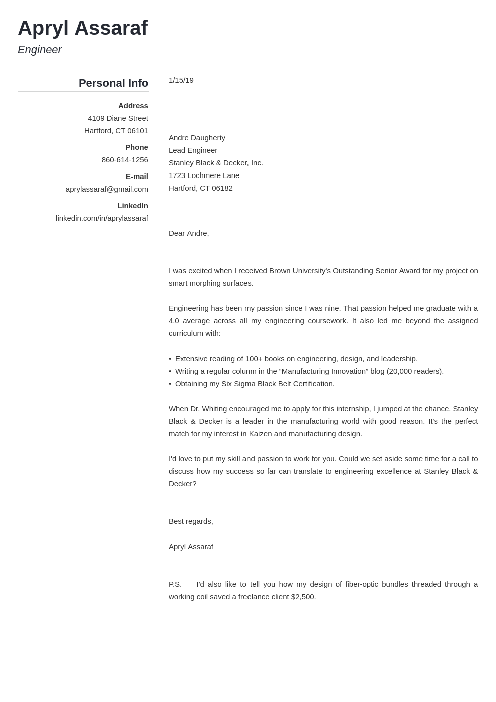 internship cover letter for resume