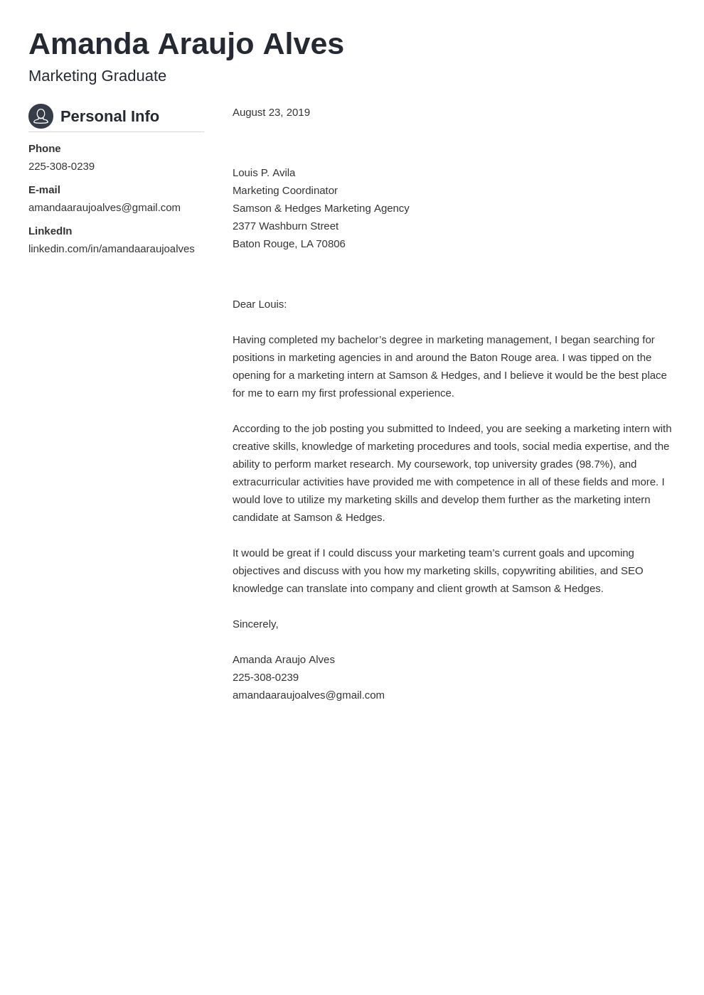 cover letter example intern marketing