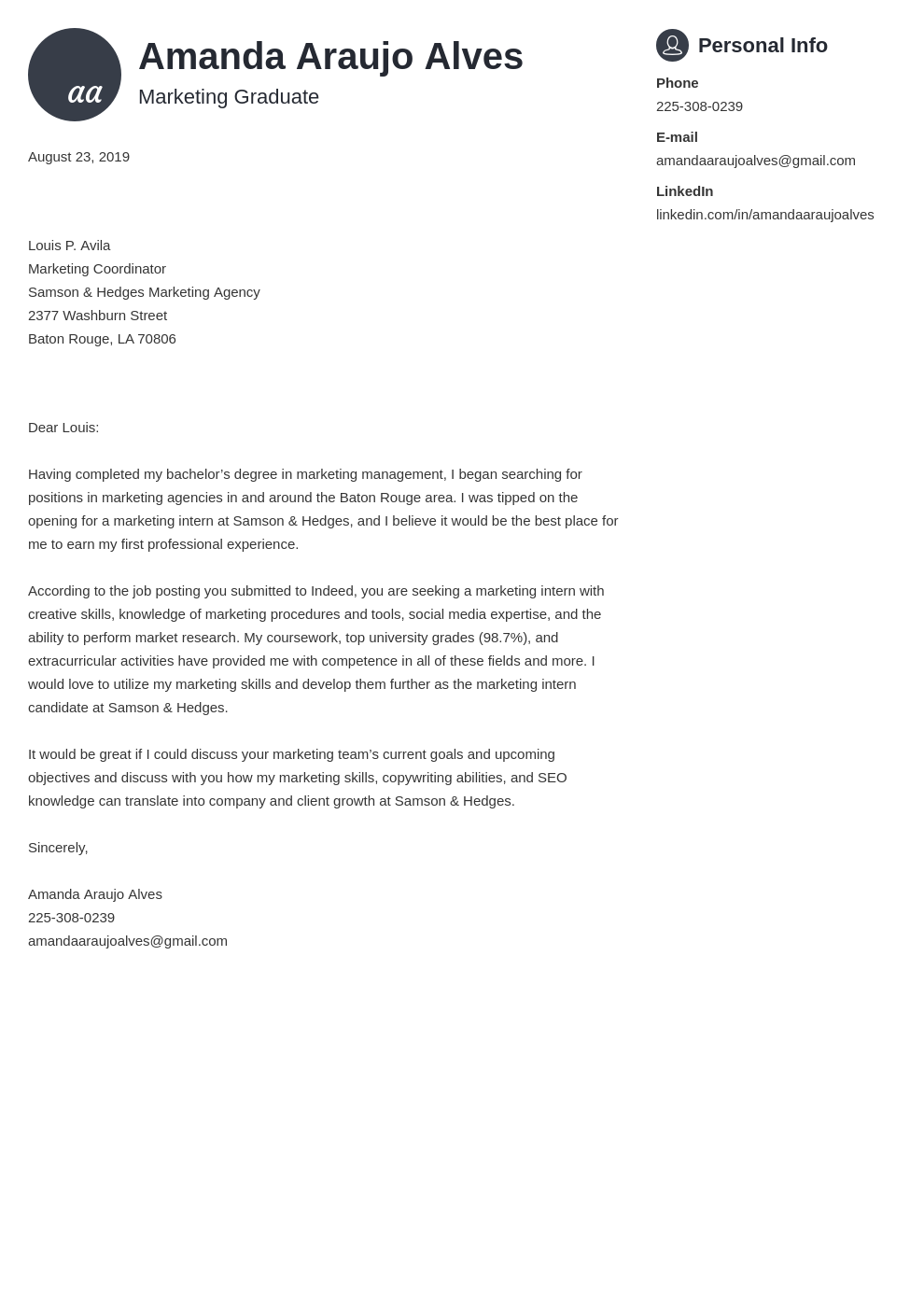 marketing assistant graduate cover letter