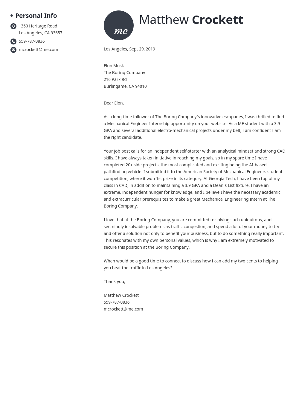 cover letter examples mechanical engineer template initials