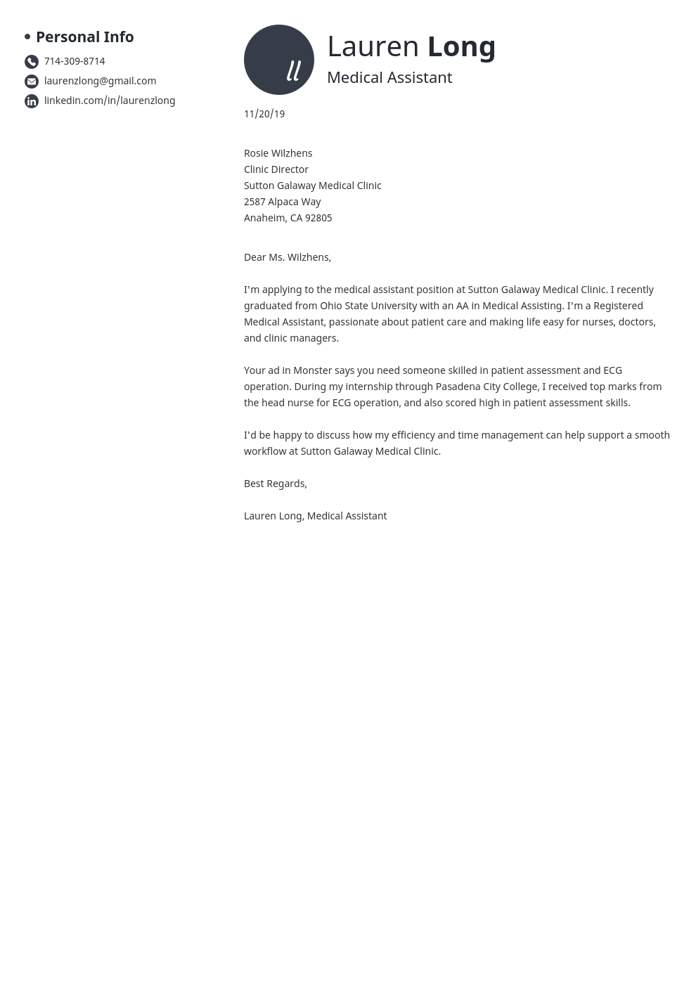 cover letter examples medical assistant template initials
