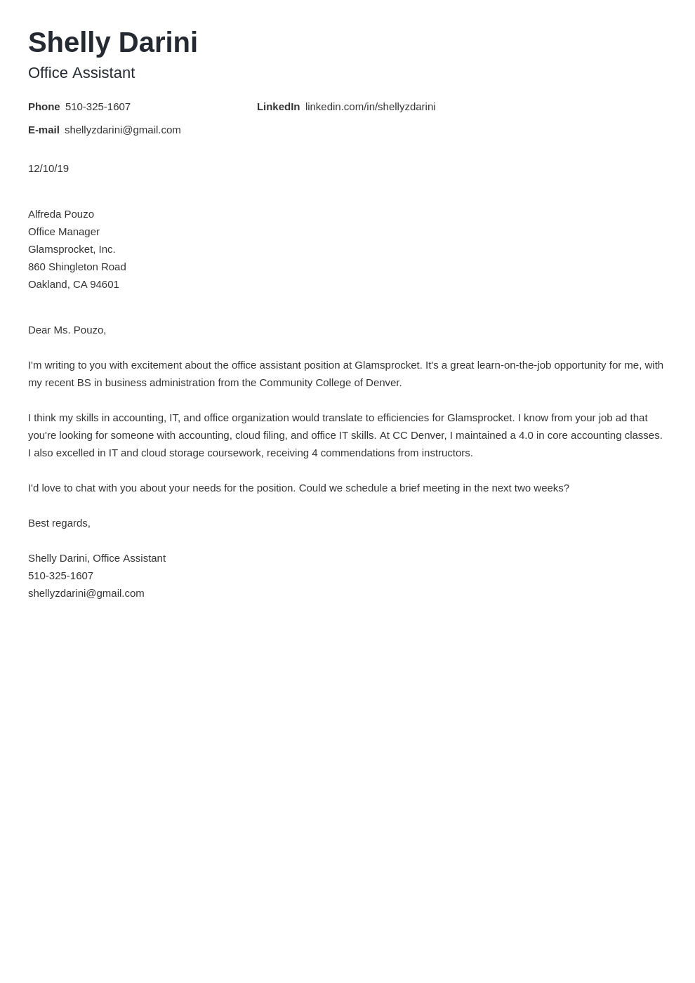 Cover Letter Template For Office Assistant