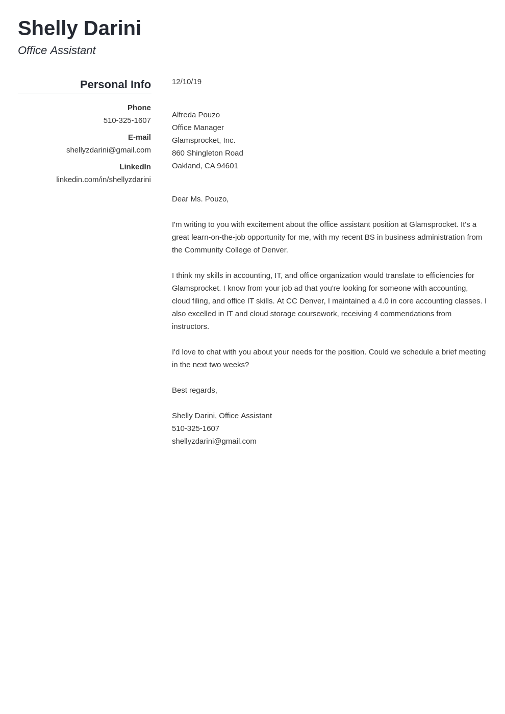 cover letter examples office assistant template simple