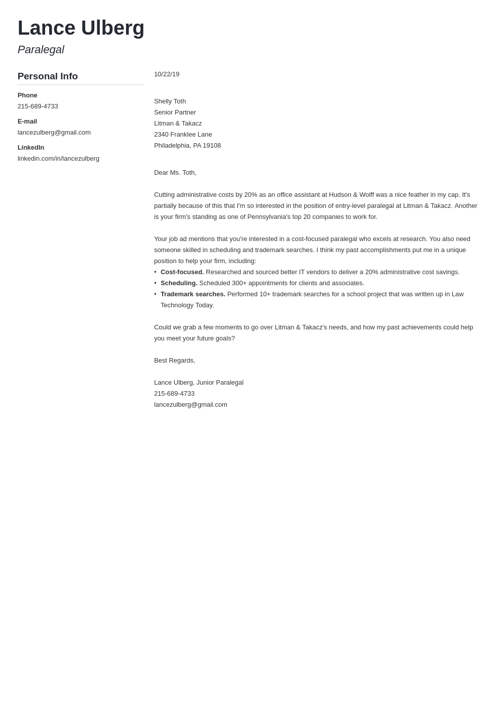 Paralegal Cover Letter: Examples & Ready-to-Use Templates