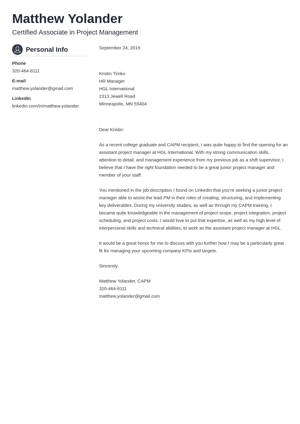 Project Manager Cover Letter Sample