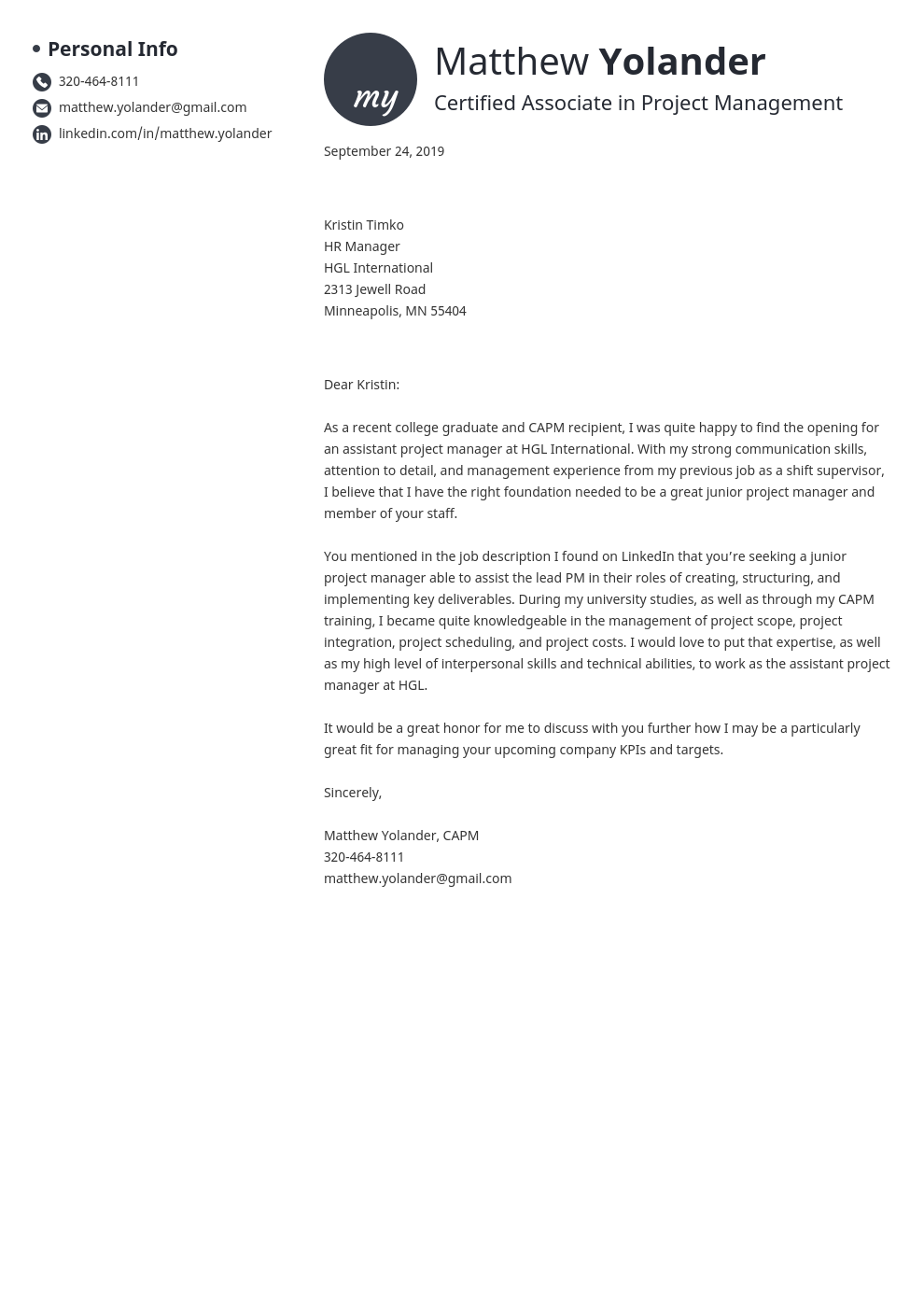 cover letter examples project manager template initials