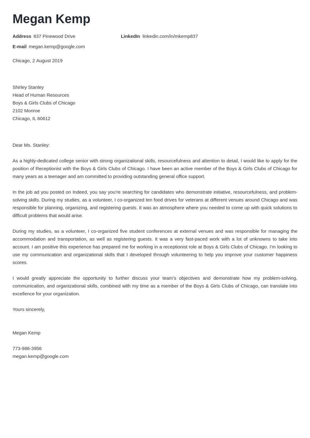 Receptionist Cover Letter Examples Ready To Use Templates