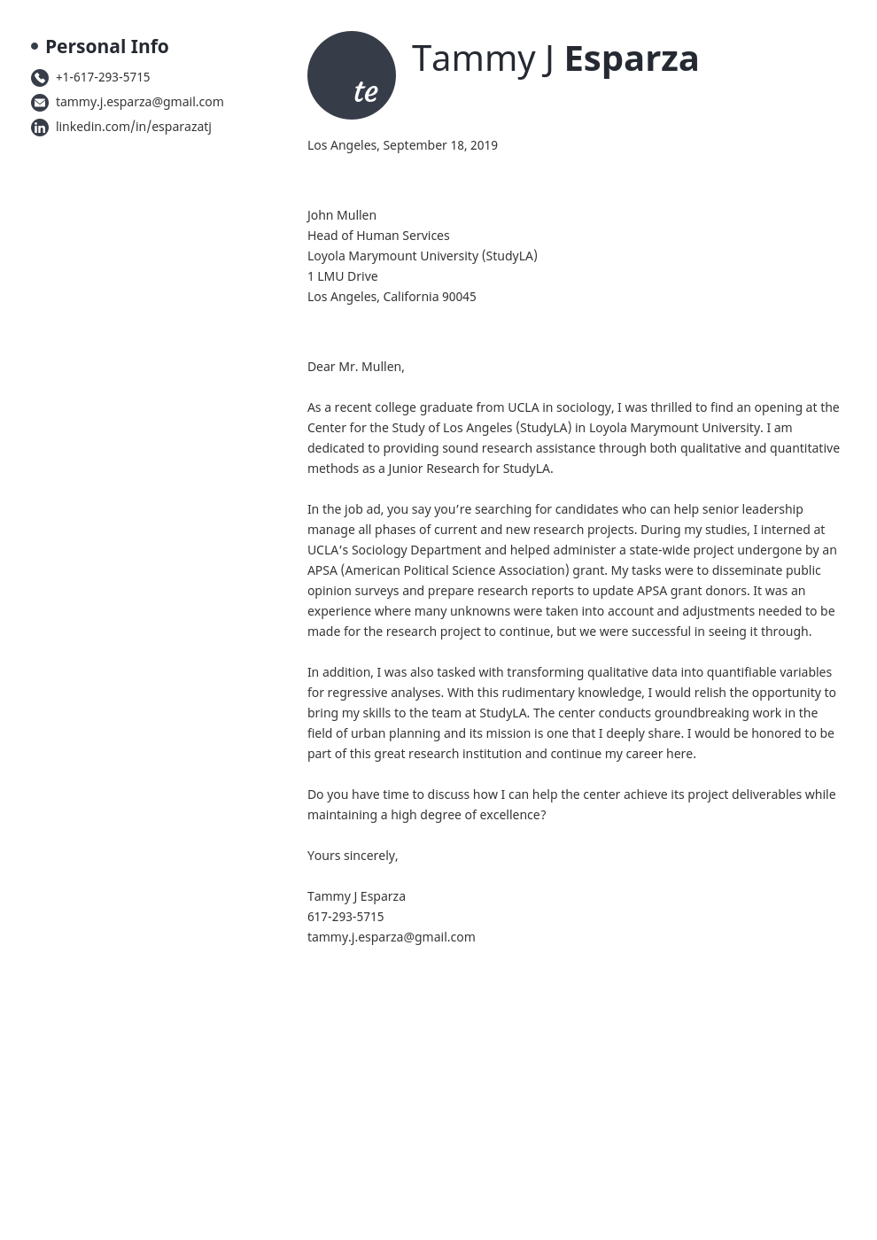 research cover letter sample